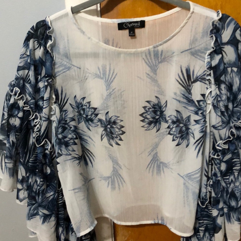 Rayon crop top with ruffled sleeves
